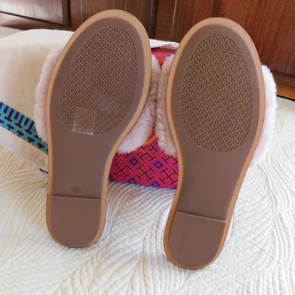 New Tory Burch Aspen Shearling sandals Sea Shell pink crystal embellished slides - Picture 9 of 16